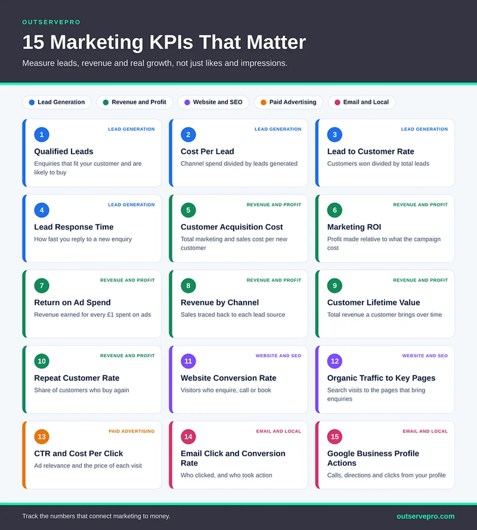 Infographic of 15 marketing KPIs that matter, grouped into lead generation, revenue and profit, website and SEO, paid advertising, and email and local
