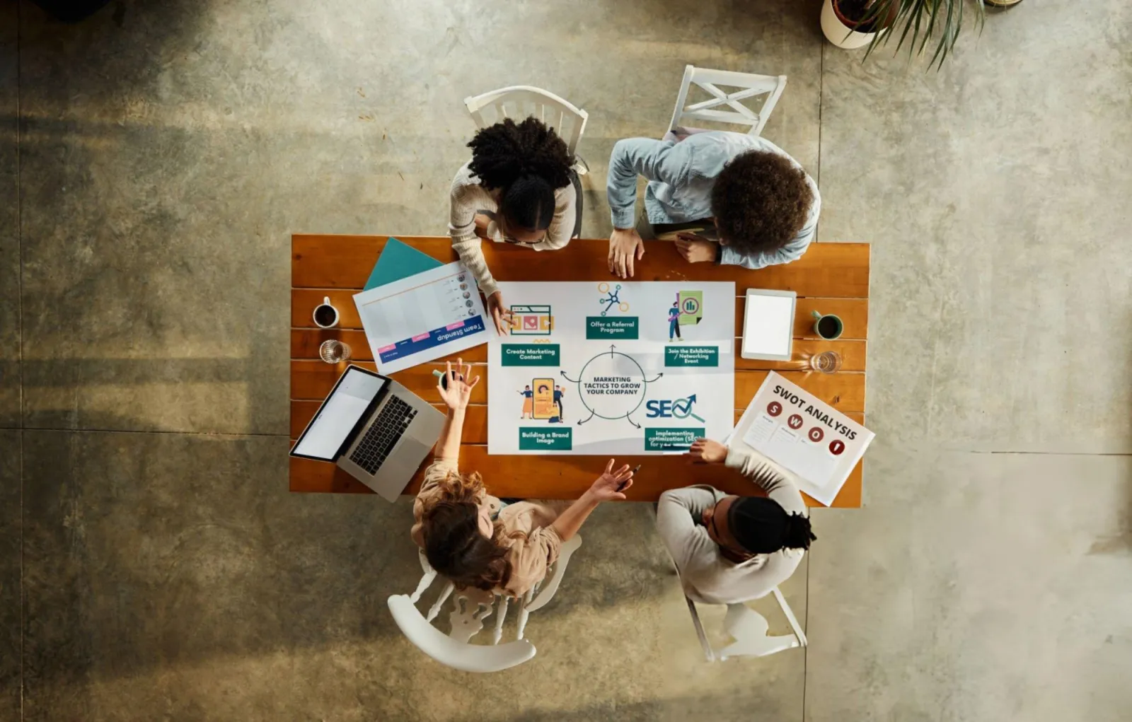 Business team planning their marketing strategy around a table with a marketing tactics chart and SWOT analysis