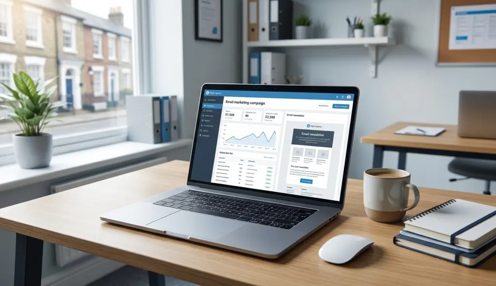 Laptop in a UK office showing an email marketing platform dashboard with a newsletter template, subscriber list and campaign performance chart