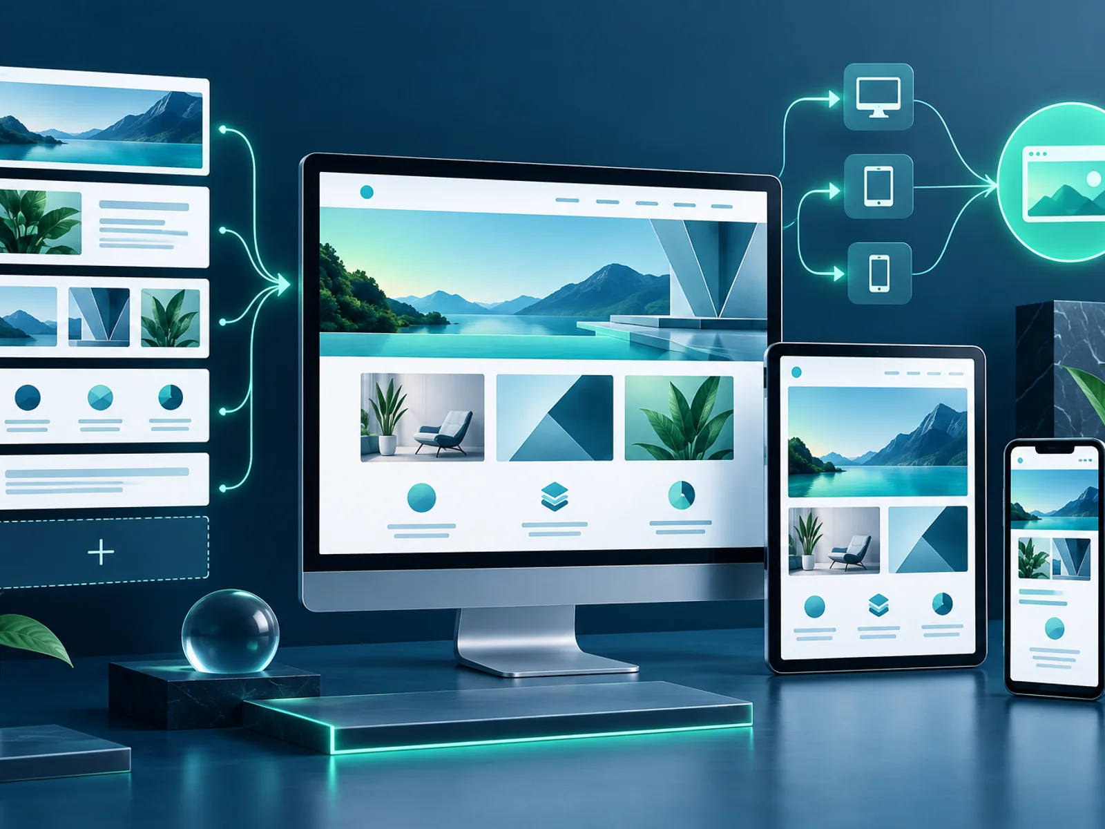 Responsive custom website design system shown across desktop, tablet and mobile