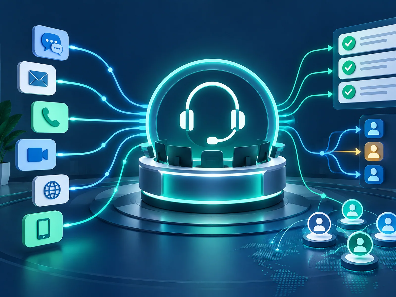 Omnichannel customer support hub connecting calls, messages and resolved enquiries