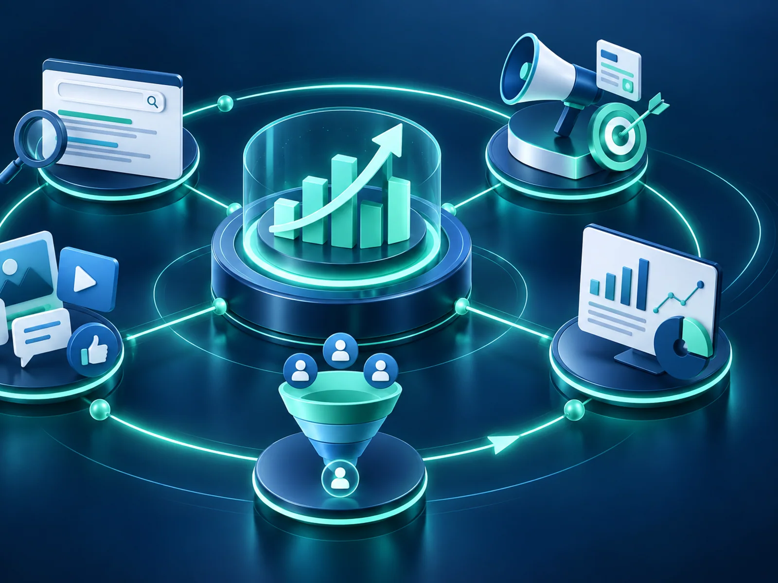 Connected digital marketing ecosystem combining search, content, advertising and analytics