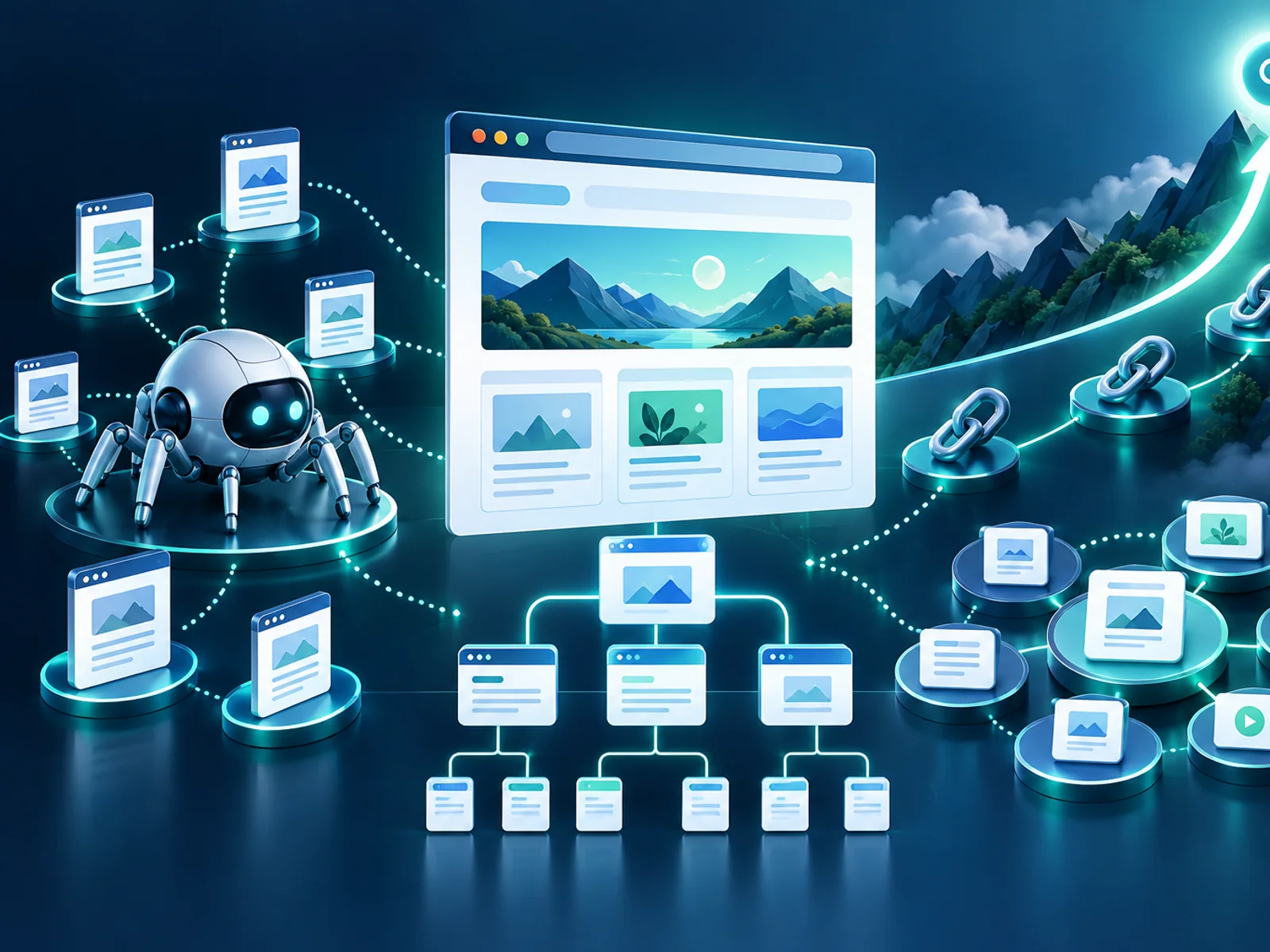 Technical SEO ecosystem connecting site structure, content, links and search visibility
