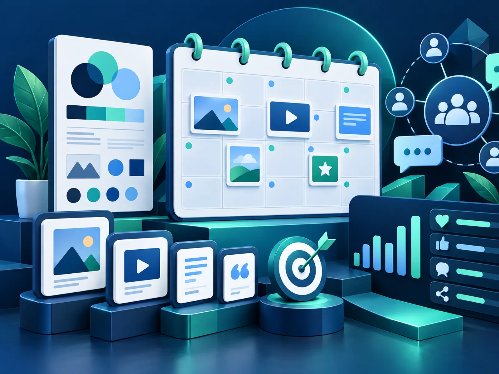 Social media content system with calendar, formats, community and engagement signals