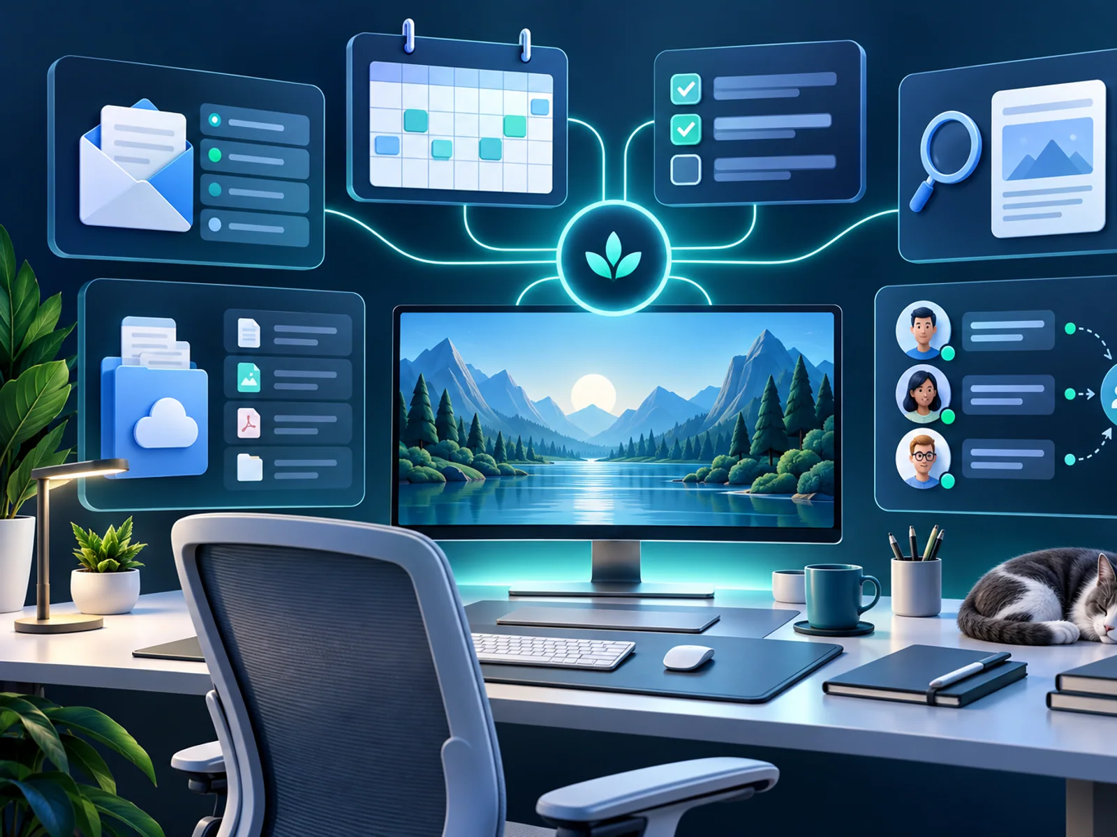 Virtual assistant workspace connecting inbox, calendar, tasks, research and team handoffs