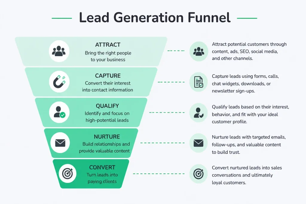 Lead generation funnel showing the five stages: attract, capture, qualify, nurture and convert