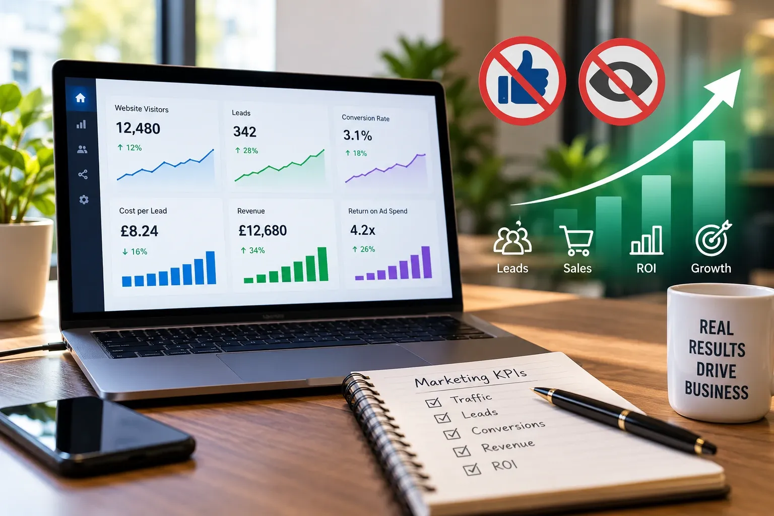 Laptop dashboard showing marketing KPIs such as leads, cost per lead, revenue and return on ad spend, next to a notebook listing traffic, leads, conversions, revenue and ROI