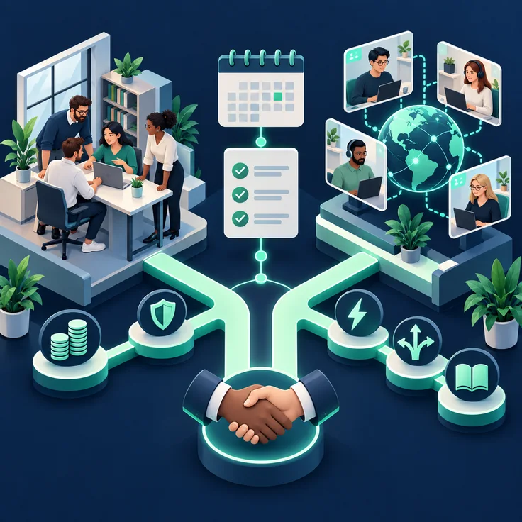 Editorial illustration of an SME balancing an internal team with outsourced specialist support