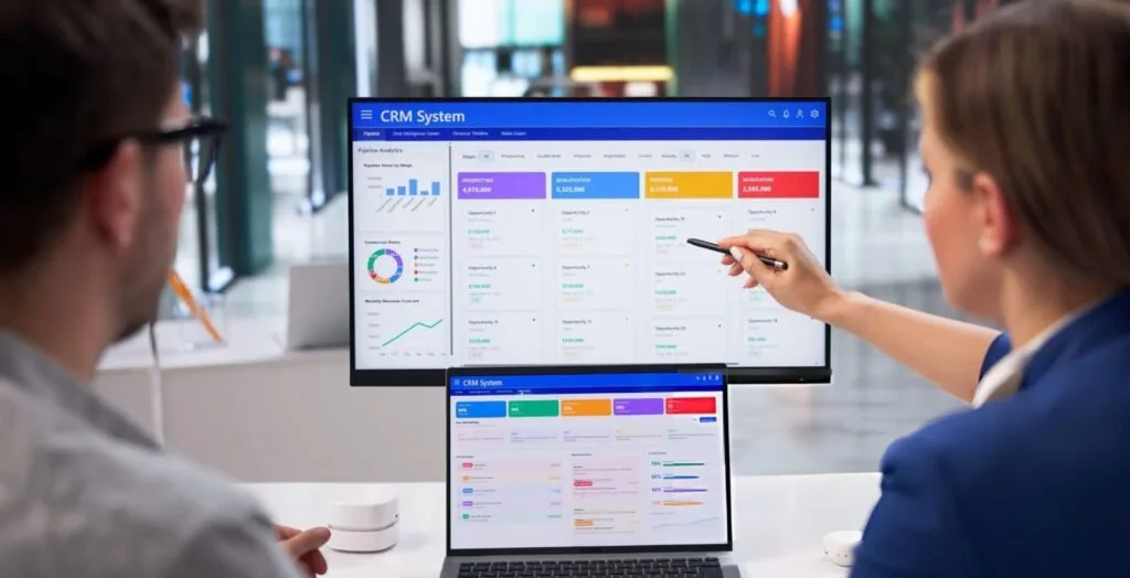 Two business professionals reviewing a CRM dashboard used to manage leads and sales opportunities.