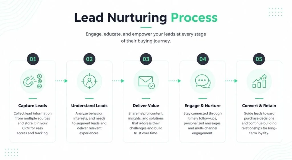 A 5-step lead nurturing process diagram showing the journey from capturing leads, understanding behavior, delivering value, engaging, to final conversion and retention.