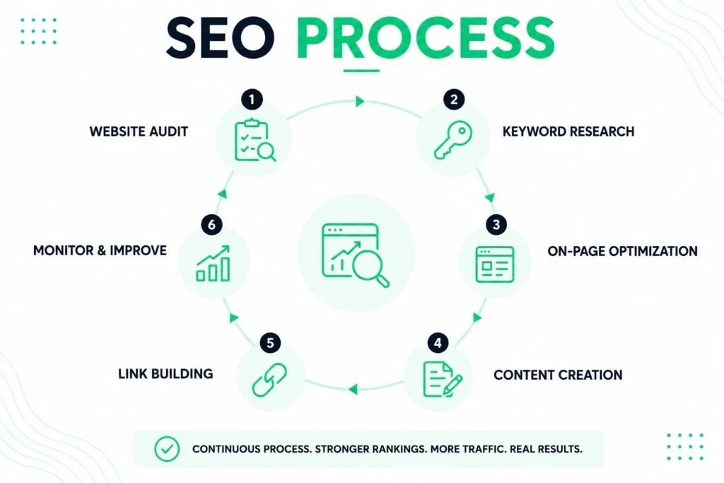 SEO process showing website audit, keyword research, on-page SEO, content creation, link building, and continuous optimization.