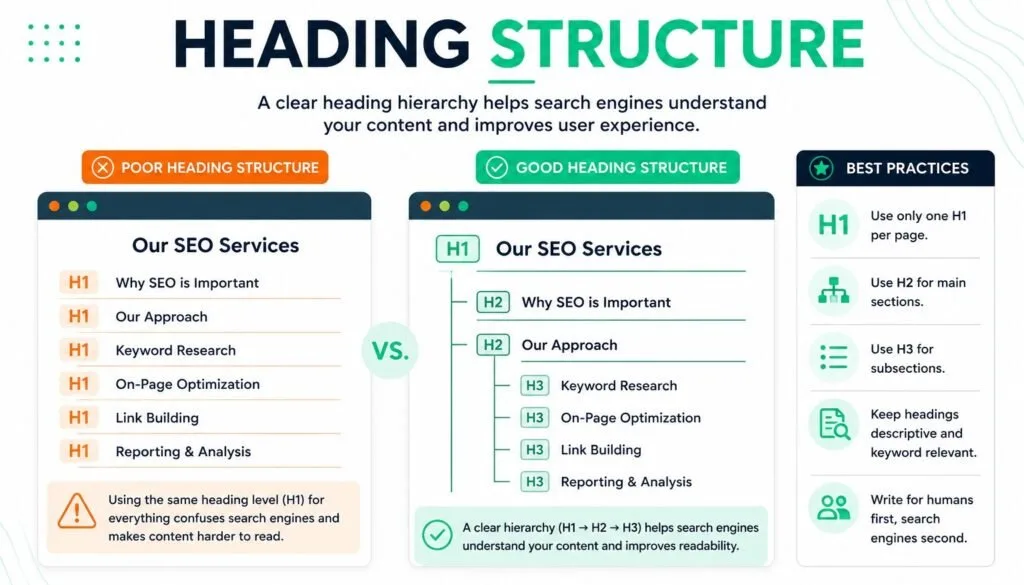 Example of correct heading structure using H1, H2, and H3 tags to improve on-page SEO, content hierarchy, and user experience.