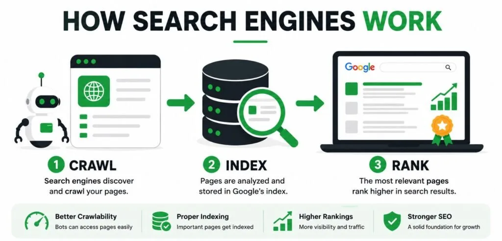 Diagram explaining how search engines crawl, index, and rank web pages as part of technical SEO optimization.