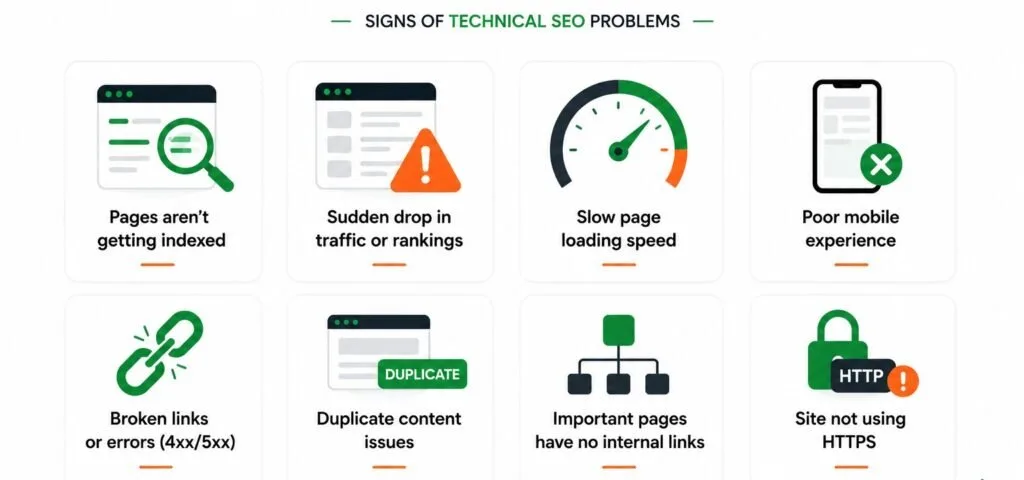 Illustration highlighting common technical SEO problems including indexing issues, slow page speed, broken links, duplicate content, and HTTPS errors.