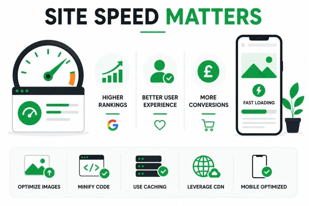 Technical SEO illustration showing how website speed improves user experience, Google rankings, and website performance.