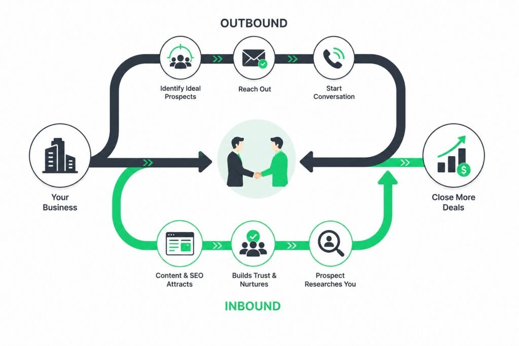 Diagram showing the inbound and outbound lead generation process, from attracting prospects through content marketing to outreach, conversations, and closing more sales.