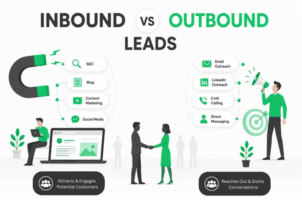 Illustration comparing inbound and outbound lead generation strategies, highlighting SEO, content marketing, social media, cold calling, email outreach, and direct messaging for business growth.