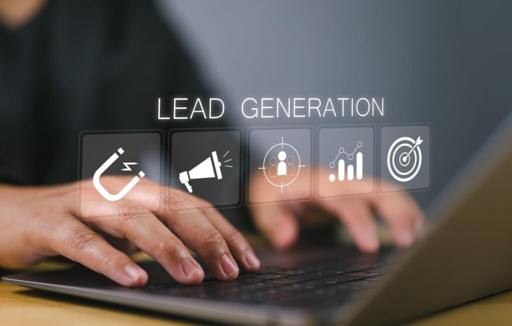 Digital lead generation and lead qualification process displayed on a laptop, representing how businesses attract, qualify, and convert high-quality leads with OutServePro.