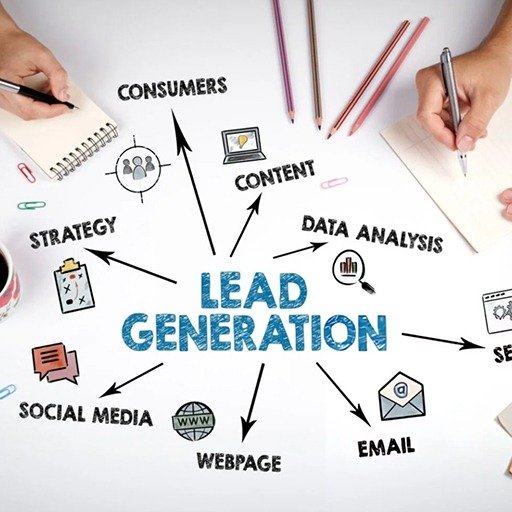 Marketing strategy diagram illustrating lead generation, content marketing, SEO, email marketing, social media, and data analysis used to qualify leads and improve conversions.